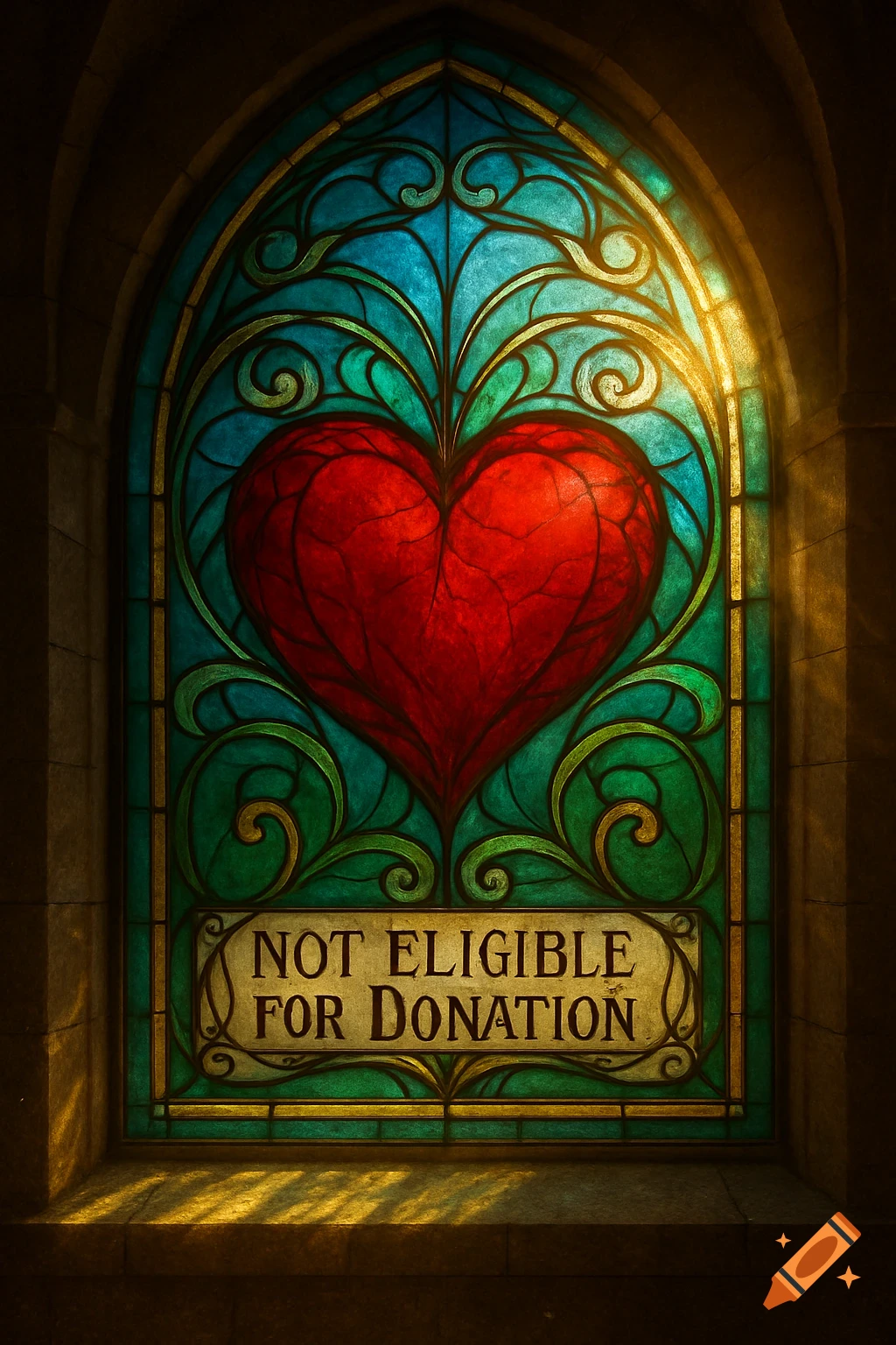 A stained-glass window depicts a large red heart at its center, surrounded by intricate teal and green filigree patterns. Below the heart, a rectangular sign within the glass reads "NOT ELIGIBLE FOR DONATION." Warm light streams through the window from the right, casting shadows on the stone archway.