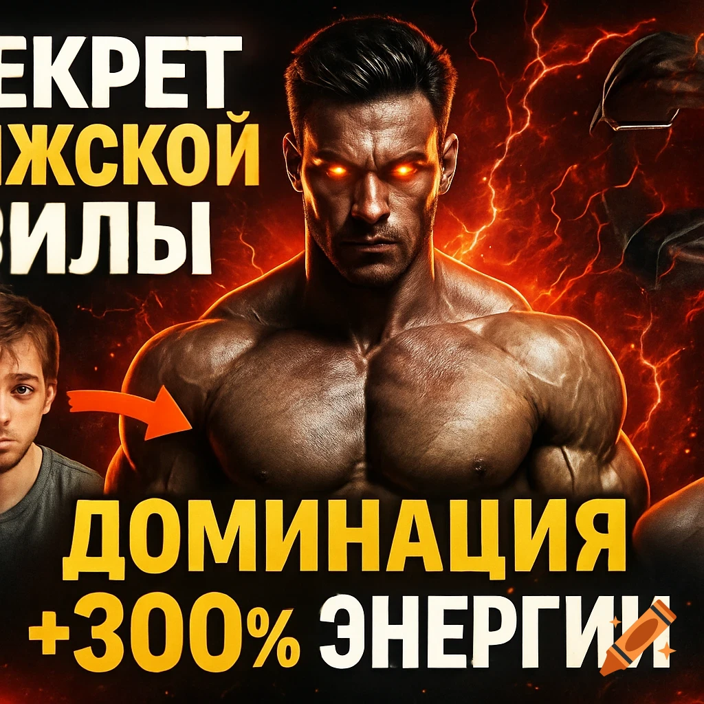 A muscular man with glowing orange eyes and a powerful bare torso, standing against a fiery red background with lightning. Text reads 'SECRET OF MALE STRENGTH' and 'DOMINANCE +300% ENERGY'. A less muscular man is to the left with an arrow pointing to the main figure.