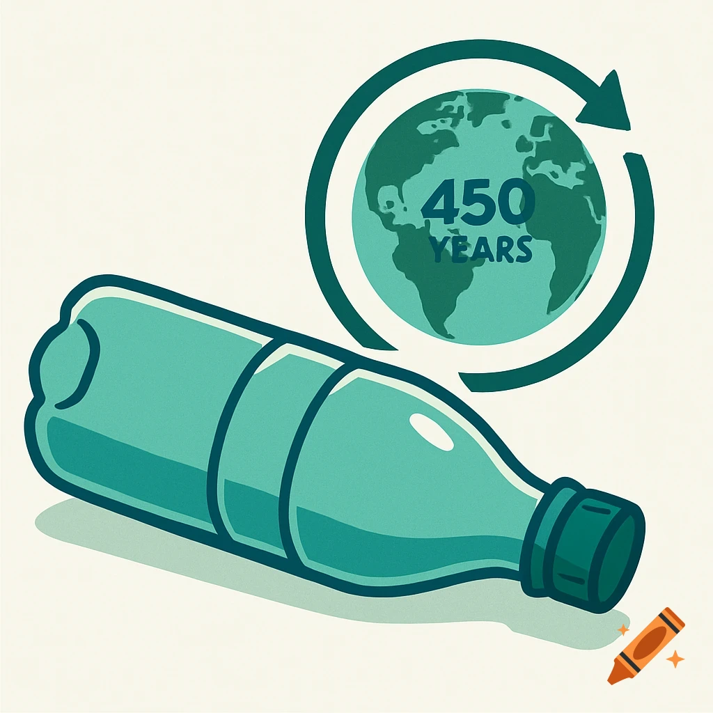 An illustration of a green plastic bottle next to a globe with a recycling arrow and the text '450 YEARS'.