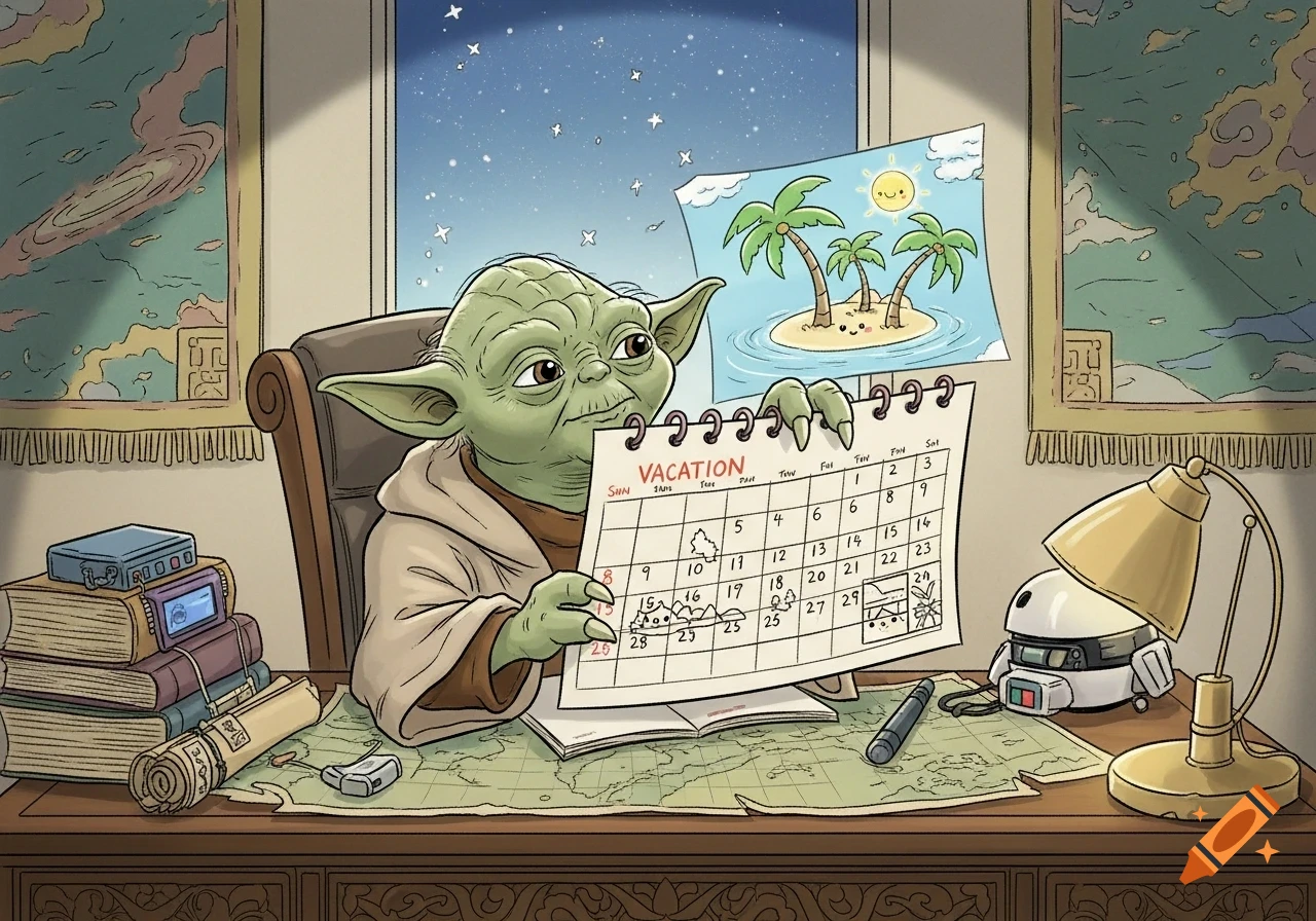 Cartoon illustration of Yoda at a desk, looking at a calendar with 'VACATION' marked, dreaming of a tropical island.