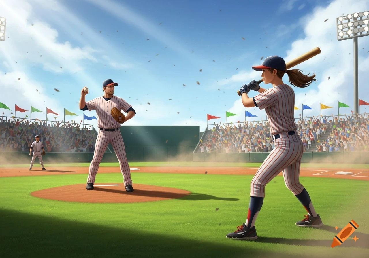 Two baseball players, a pitcher and a batter, on a sunny field in a crowded stadium.