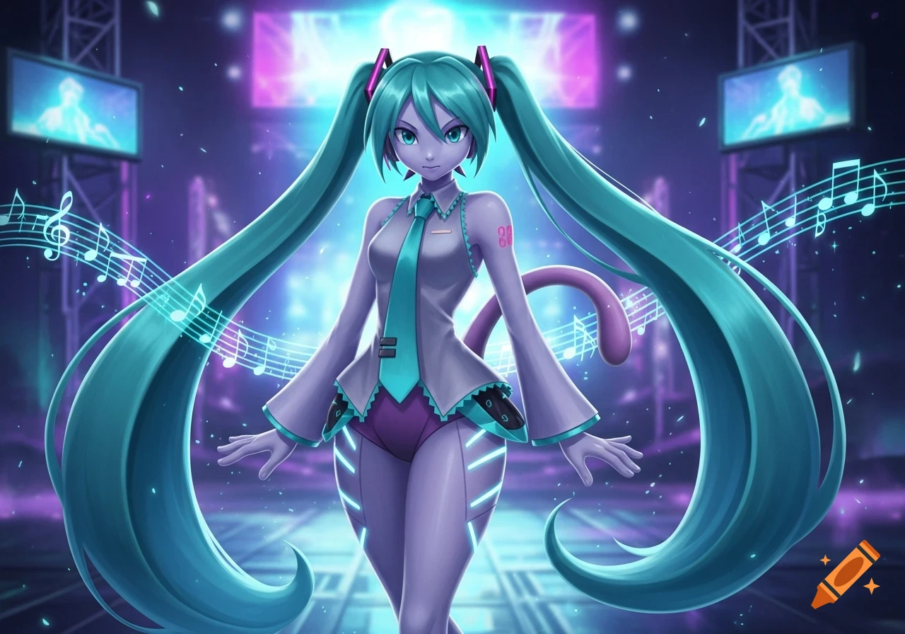 Anime-style female Mewtwo in a Hatsune Miku costume on a glowing stage with musical notes and neon lights.