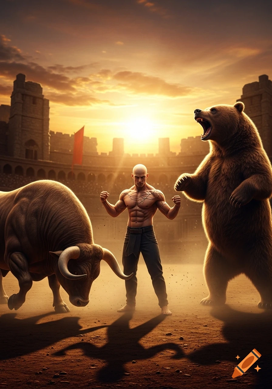 A bald, muscular man stands between a charging bull and a roaring bear in a sunlit gladiatorial arena.