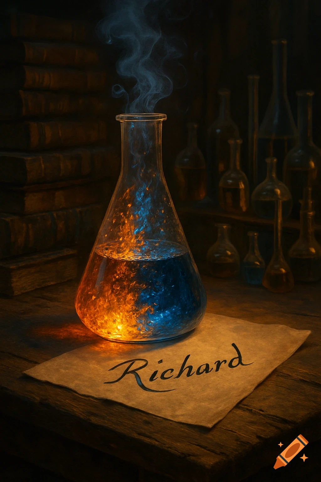 A chemical flask with glowing orange and blue liquid and smoke on a wooden table, next to a paper with 'Richard', old books and bottles.