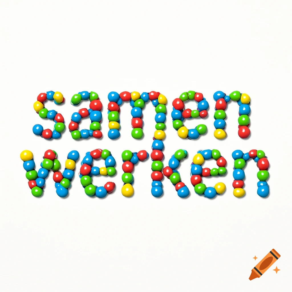 The word 'samenwerken' spelled out with colorful red, blue, yellow, and green M&M's candies on a white background.