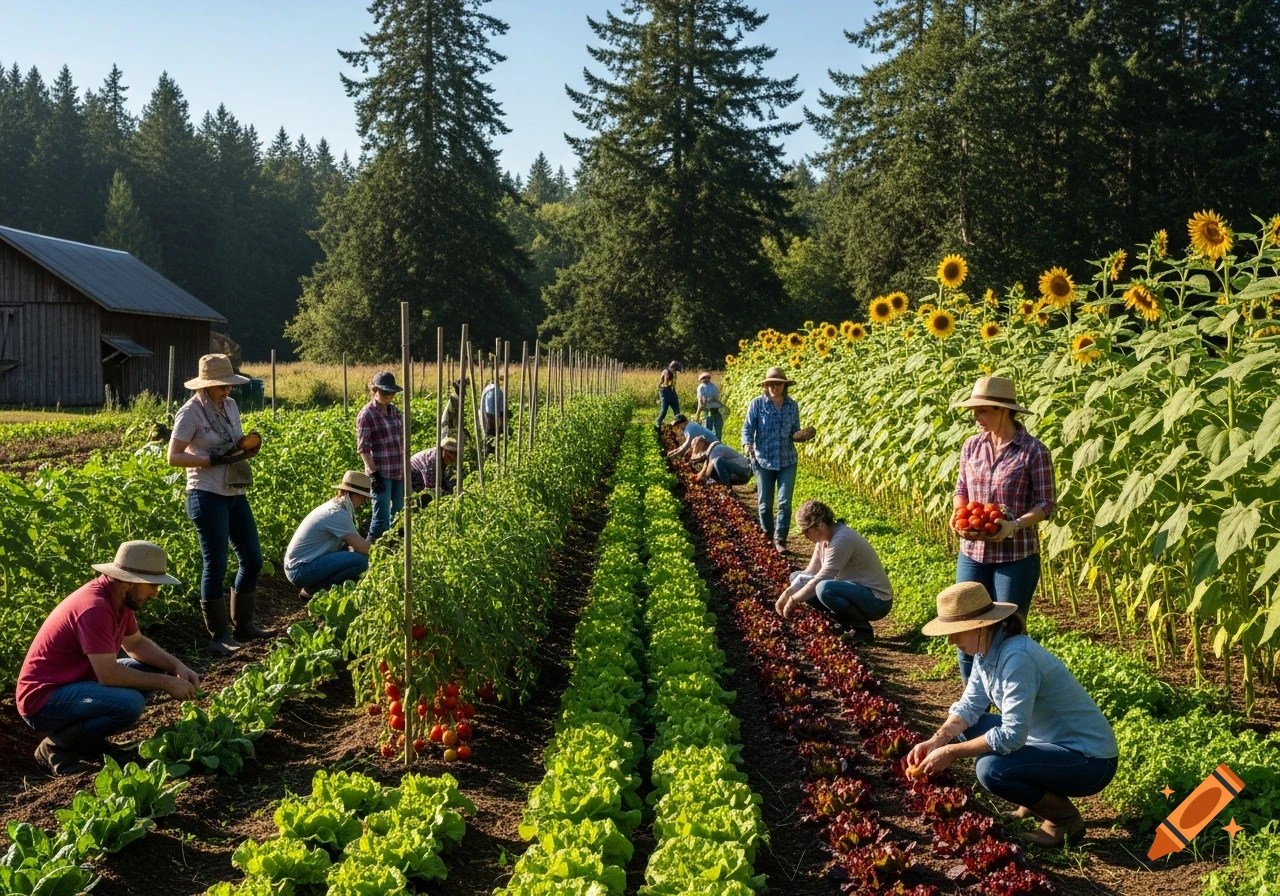 Farmers harvest rows of lettuce, tomatoes, and other crops in a sunny field, with a long row of sunflowers and a barn in the background.