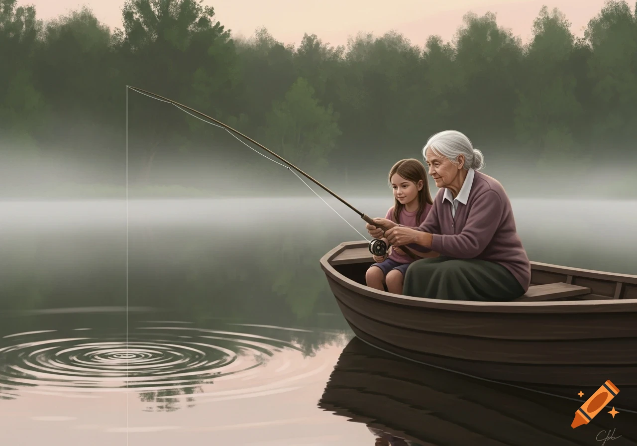 An old woman and a young girl fish from a small boat on a misty lake, surrounded by trees in a painterly style.