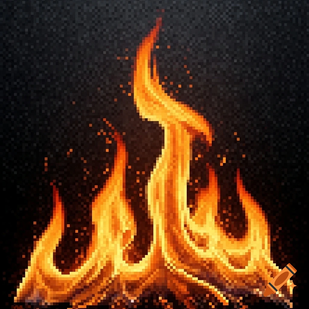 Pixel art depiction of vibrant orange and yellow flames with sparks against a transparent background.