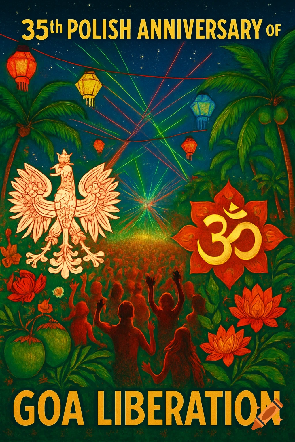 Vibrant poster for the 35th Polish Anniversary of Goa Liberation with eagle, Om symbol, cheering crowd, palm trees, and laser lights.