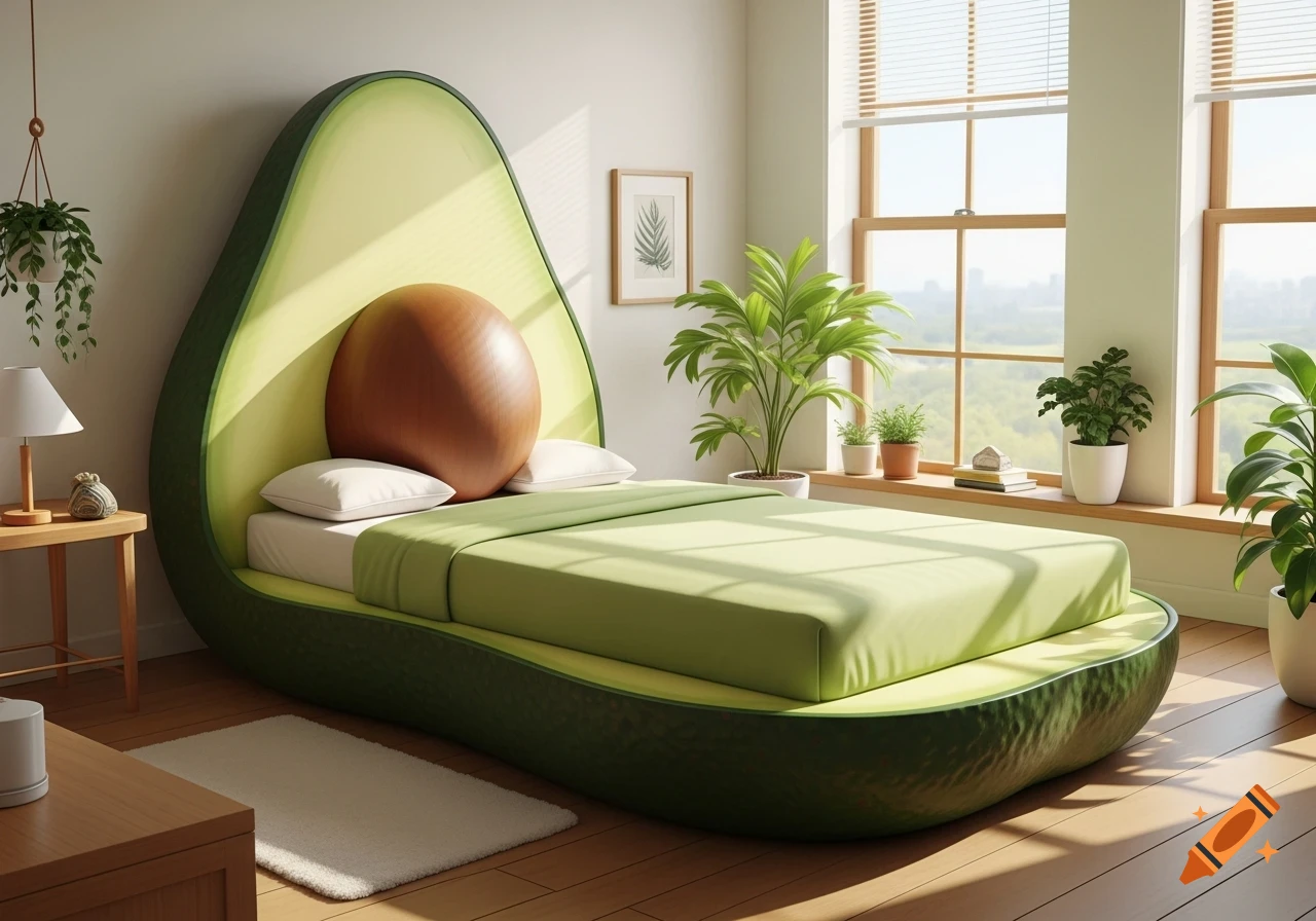 Photorealistic avocado-shaped bed with green bedding and a large brown 'seed' pillow in a bright, plant-filled bedroom.