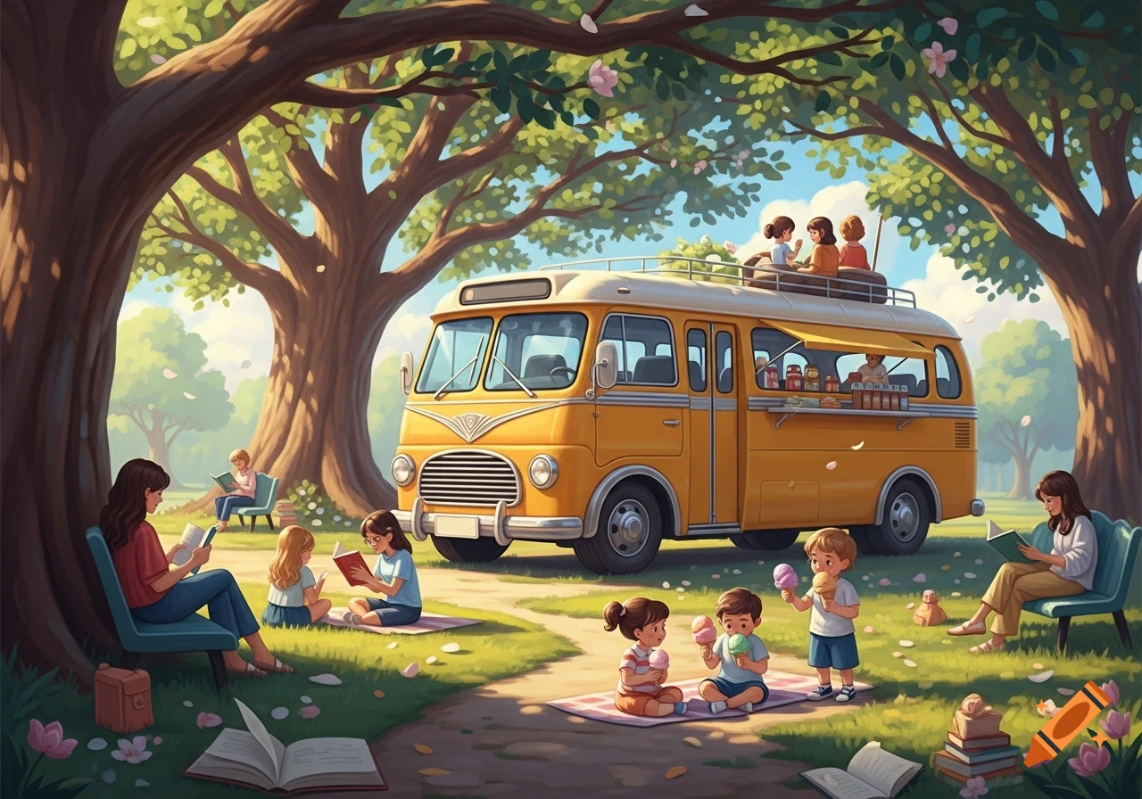 A colorful illustration of people reading and children eating ice cream around a yellow food bus in a park.