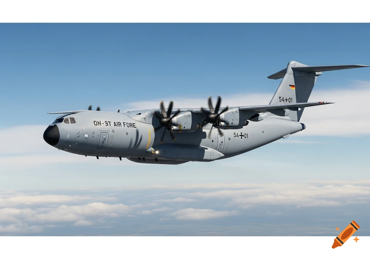 A photorealistic grey German Air Force Airbus A400 military transport plane flies in a blue sky above clouds.