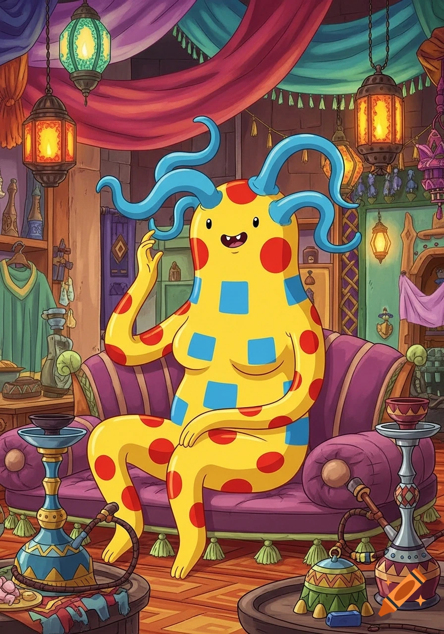Yellow rubber-bodied humanoid with red polka dots and blue squares, blue head tentacles, sitting in an Adventure Time style bazaar lounge.