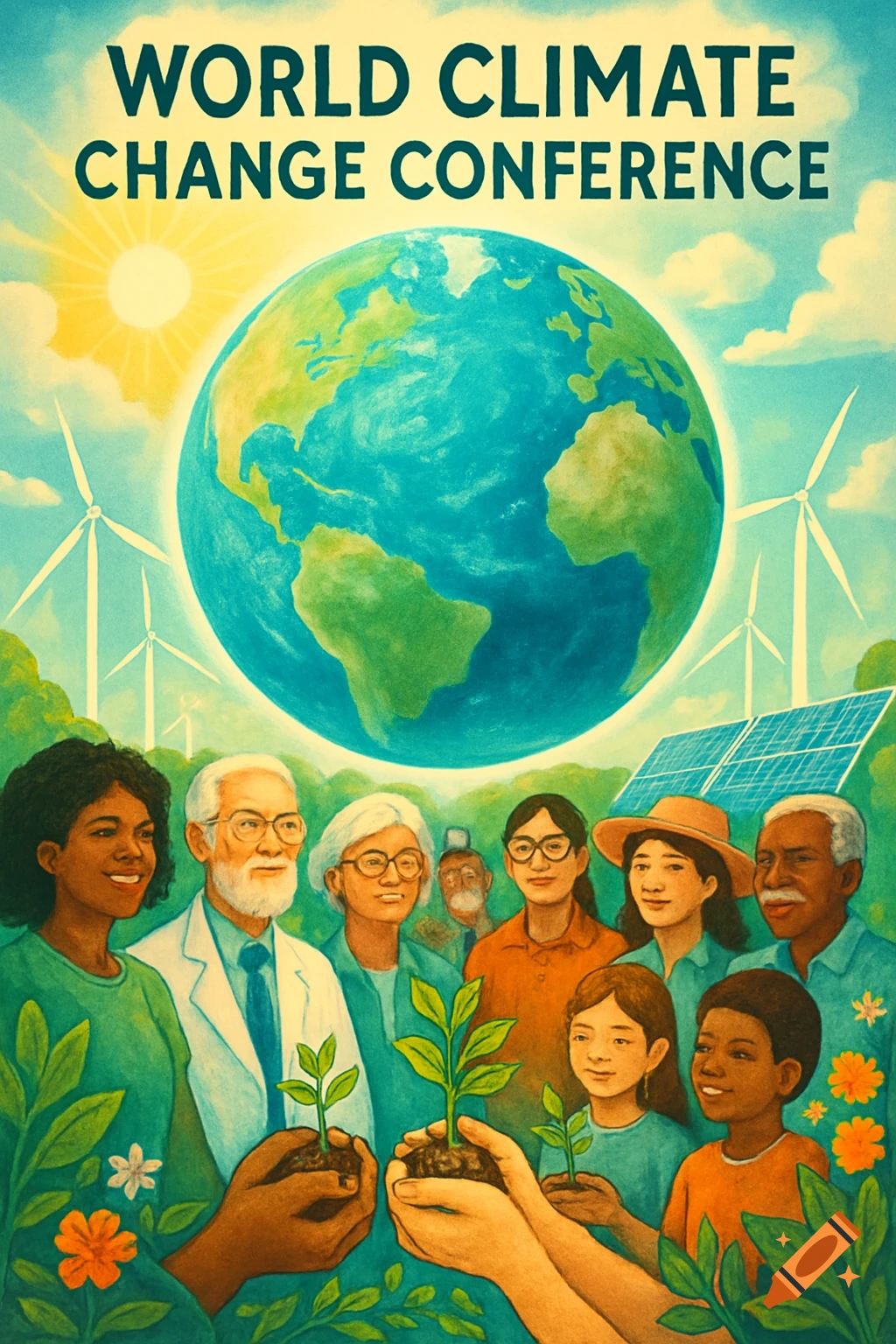 An illustrated poster for a World Climate Change Conference, featuring diverse people holding plants, with Earth, wind turbines, and solar panels in the background.