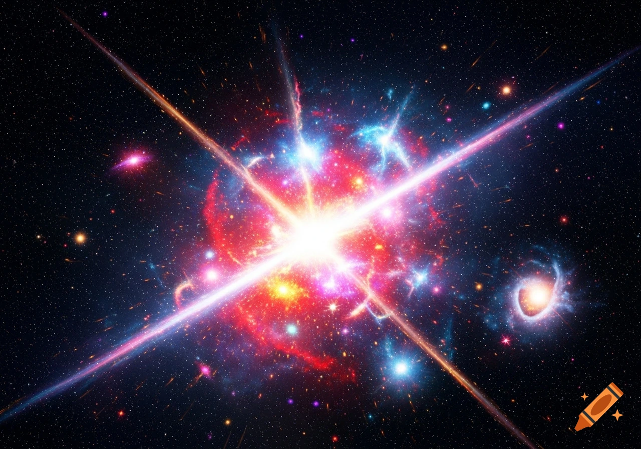 A vibrant, colorful explosion in deep space with bright light rays, surrounded by nebulae and stars.