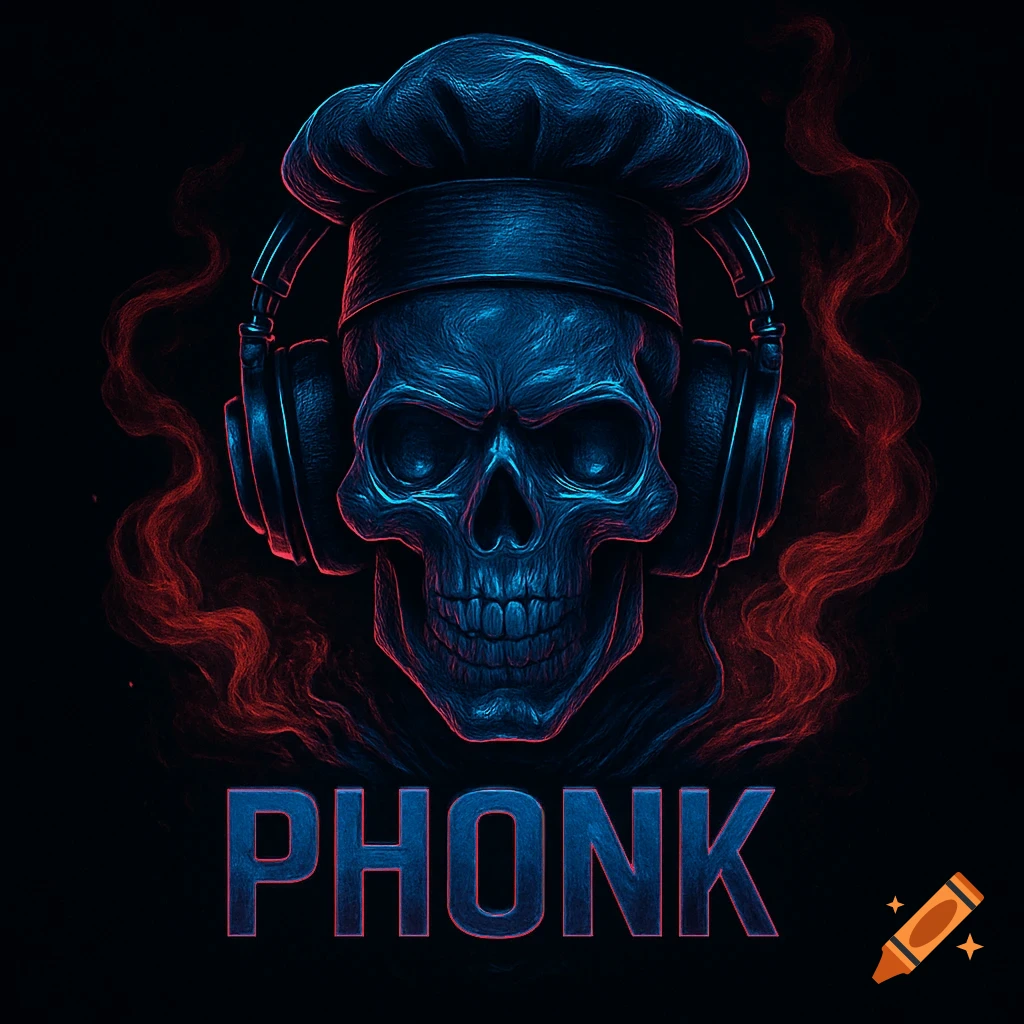 A dark neon blue skull wearing a chef's hat and headphones, with red smoke and the word 'PHONK' below, in a cyberpunk style.