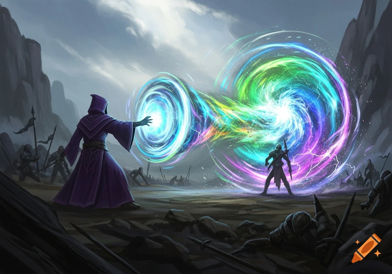 A wizard in purple robes casts a blue swirling spell towards a warrior, who deflects it with a vibrant, chaotic rainbow energy vortex during a battle in a desolate landscape.