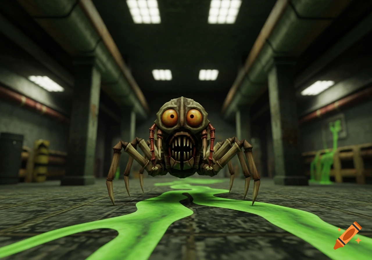 A creepy, stylized headcrab-like monster with large eyes and sharp teeth crawls through a dark, green-lit dungeon, leaving a glowing trail, in Nintendo 64 game style.