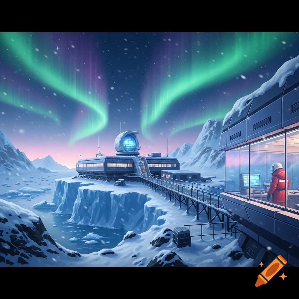 A futuristic research facility sits on a snowy cliff overlooking icy water under a vibrant aurora borealis sky.