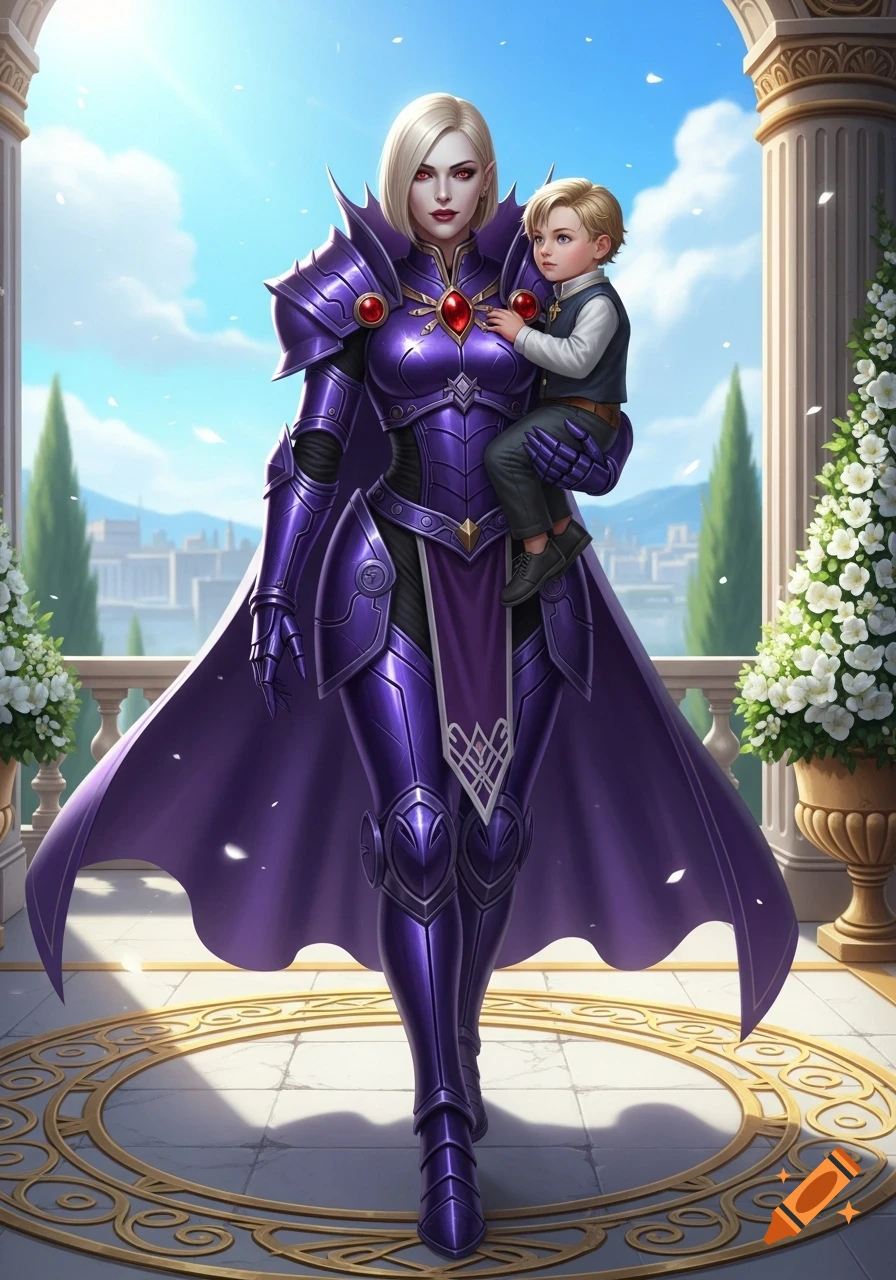 A blonde vampire empress in purple power armor holds her son on a sunny balcony with classical columns and white flowers, in a fantasy art style.