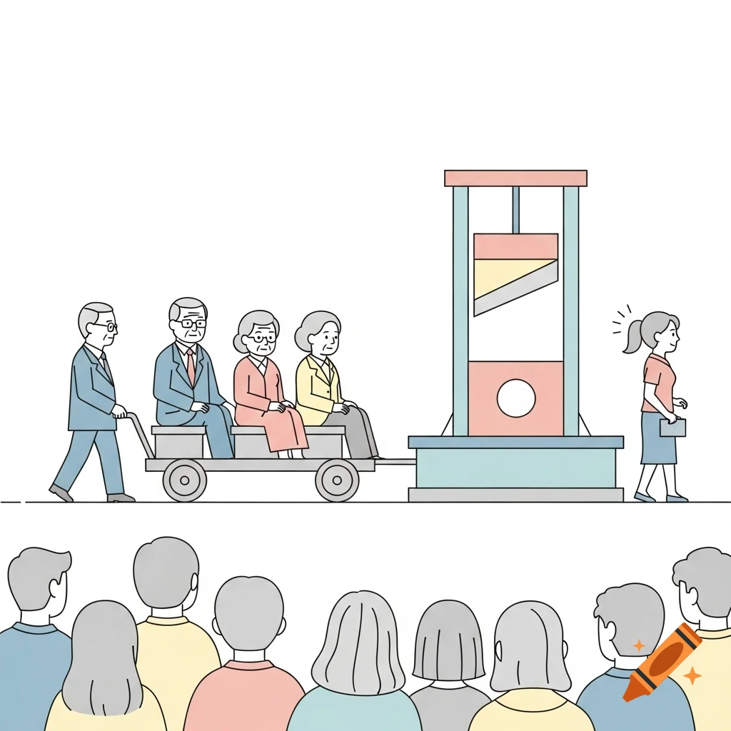 A minimalist illustration shows a cart with four older people being pulled towards a pastel-colored guillotine, watched by a crowd of young people.