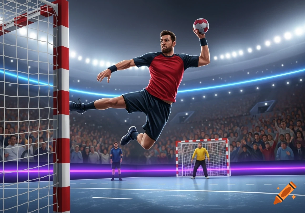 A male handball player jumps mid-air to shoot the ball into a goal in a brightly lit indoor stadium.