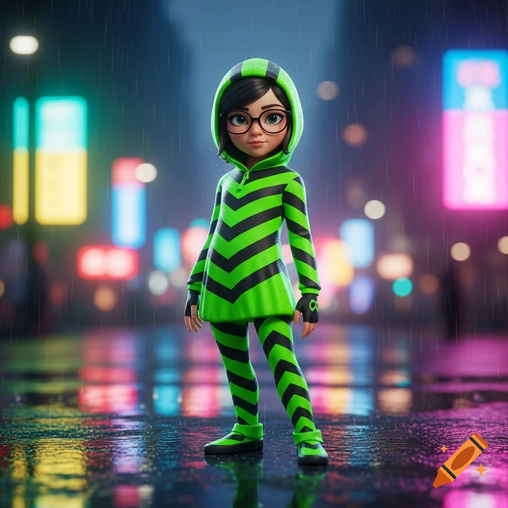 A stylized cartoon girl in green and black striped hoodie and leggings with glasses stands on a wet city street at night with neon lights.
