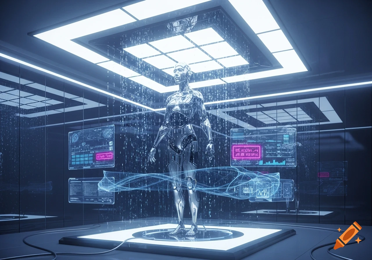 A metallic humanoid android stands under a shower of digital data in a futuristic blue-lit room with holographic screens displaying gibberish text and schematics.