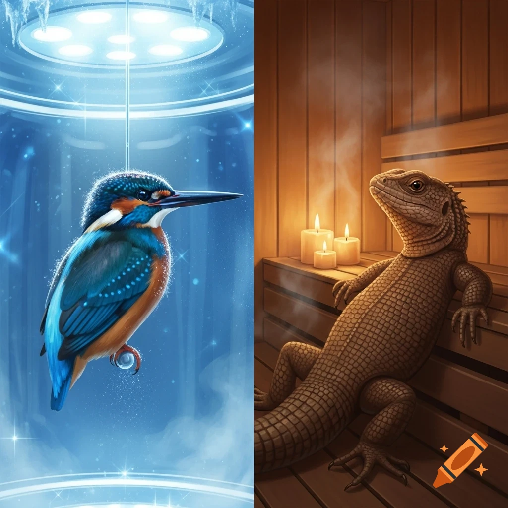 A split image with a colorful kingfisher in a blue cryochamber on the left, and a relaxed lizard in a steamy wooden sauna on the right.