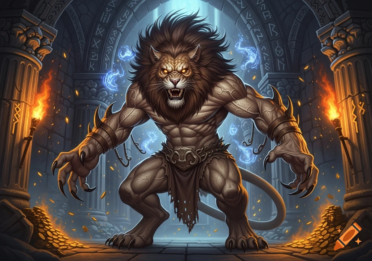 A fierce, muscular leonine berserker with glowing eyes and long claws stands in a torchlit dungeon filled with gold coins, surrounded by blue electrical energy, in a fantasy art style.