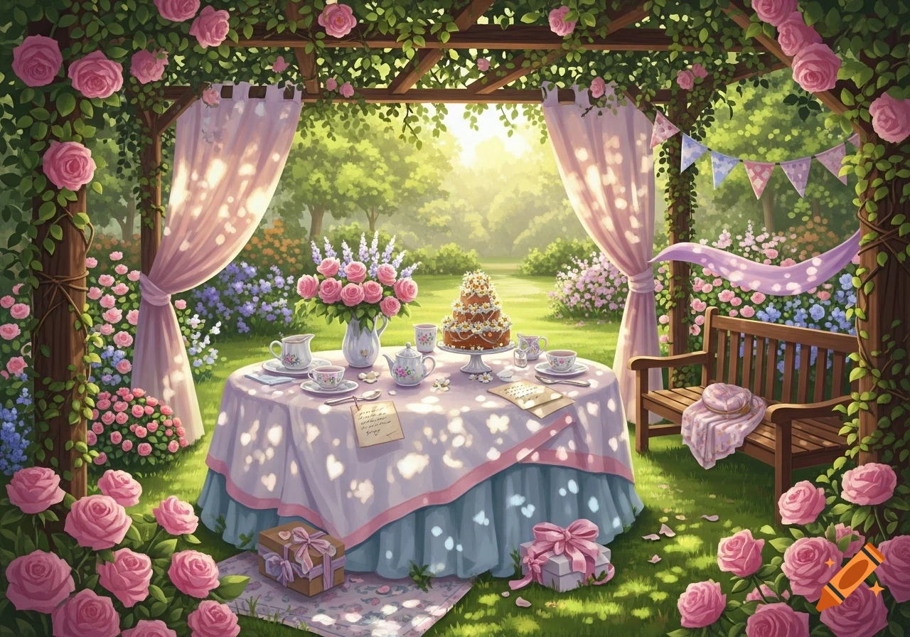 A whimsical garden tea party under a rose-covered pergola with a tiered cake, teacups, flowers, and gifts.