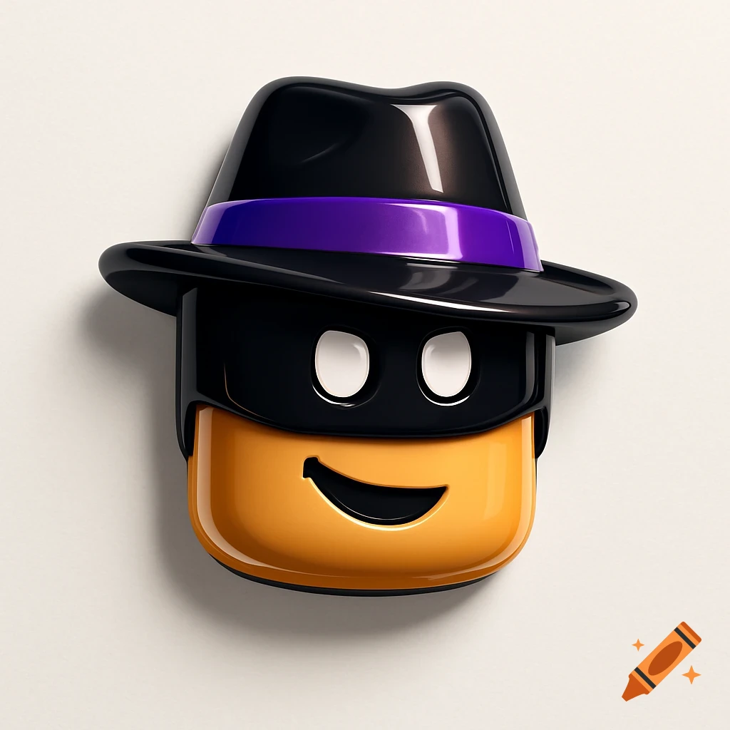 A glossy 3D logo of a Roblox-style character head wearing a black mask and a black-and-purple fedora, on a light background.