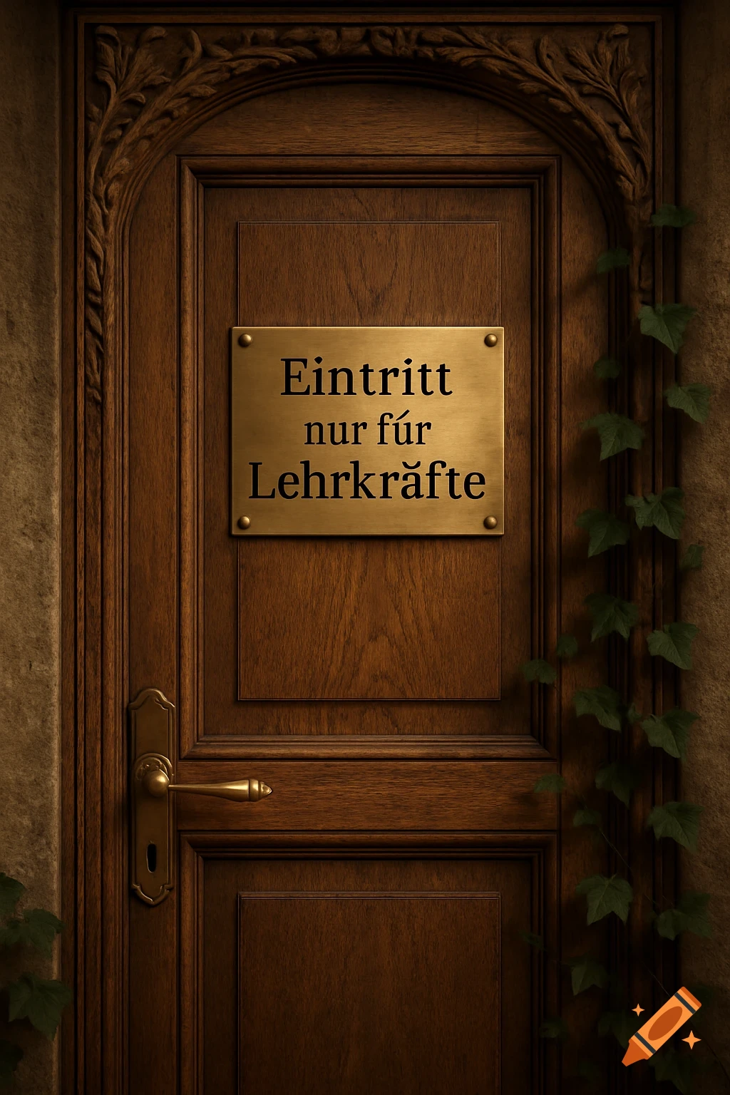 A detailed photorealistic image of a dark wooden door with a brass plaque reading 'Eintritt nur f r Lehrkr te' (Entry for staff only), with ivy growing on the wall beside it.