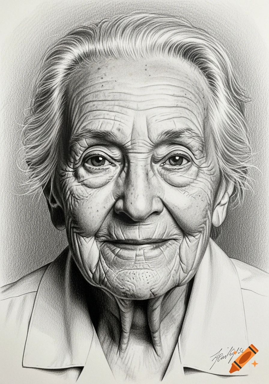 Detailed black and white pencil drawing of an elderly person's face, looking directly at the viewer.
