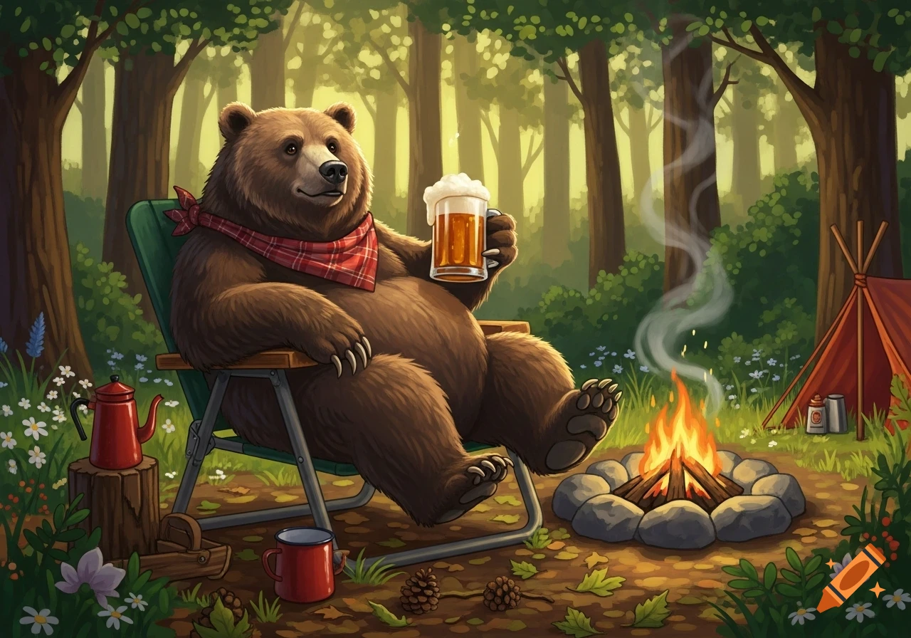 A cartoon grizzly bear in a camping chair sips a foamy beer by a campfire in a forest, with a red tent nearby.