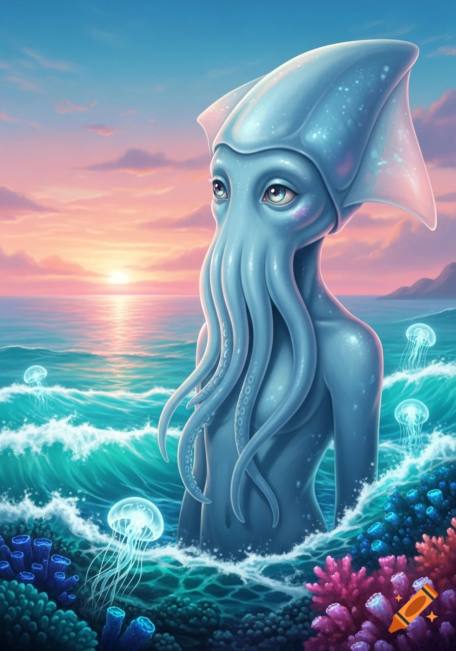 A blue-skinned, squid-like creature with tentacles for a face stands in an ocean with coral and jellyfish, under a sunset sky.
