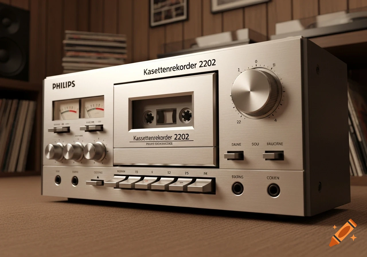 A close-up, photorealistic image of a vintage silver Philips Kassettenrekorder 2202 cassette deck.