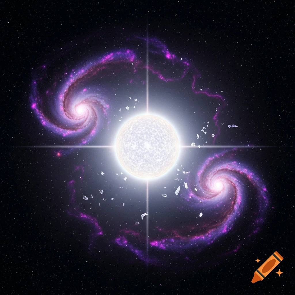 A bright white star with a cross flare at the center, surrounded by two purple and pink spiral galaxies and scattered debris against a dark starry sky.