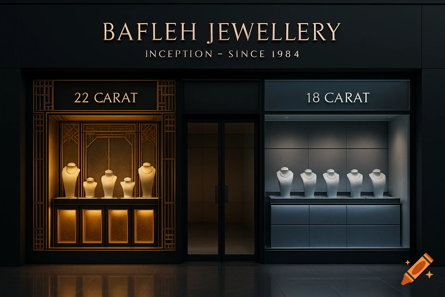 A modern 'Bafleh Jewellery' storefront with '22 CARAT' and '18 CARAT' sections, showcasing necklace displays.