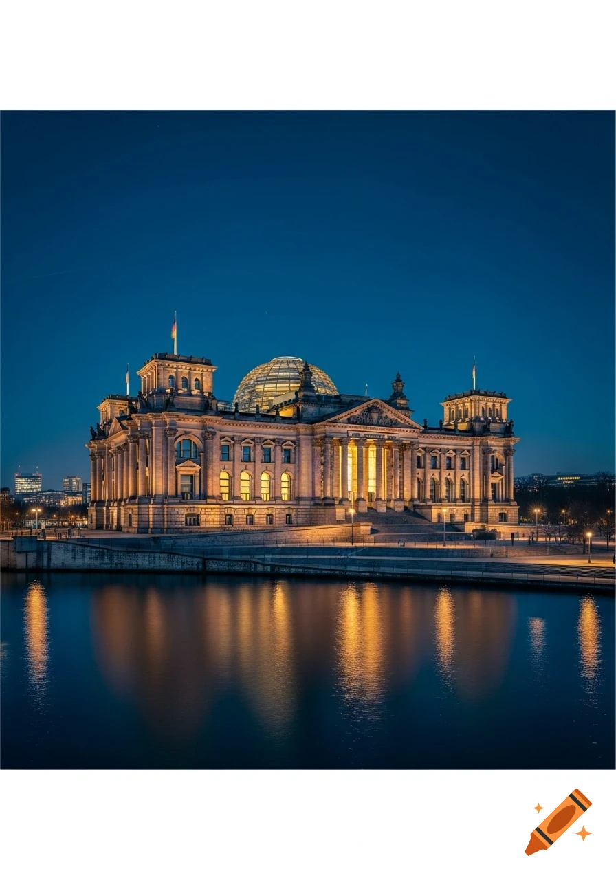 Photorealistic night view of the illuminated Reichstag building with a glass dome, reflected in water under a dark blue sky.