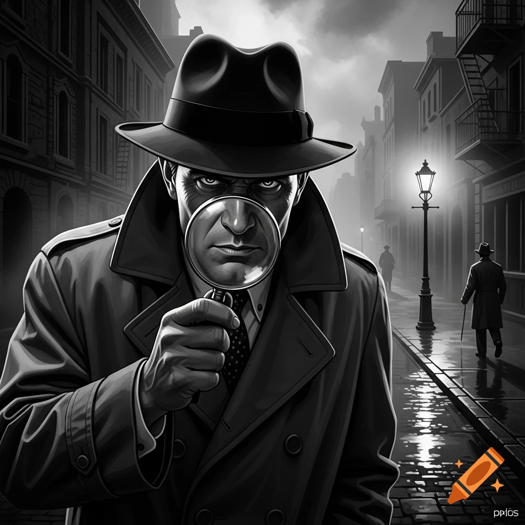 A black and white film noir image of a detective in a fedora and trench coat holding a magnifying glass to his face on a rainy city street.