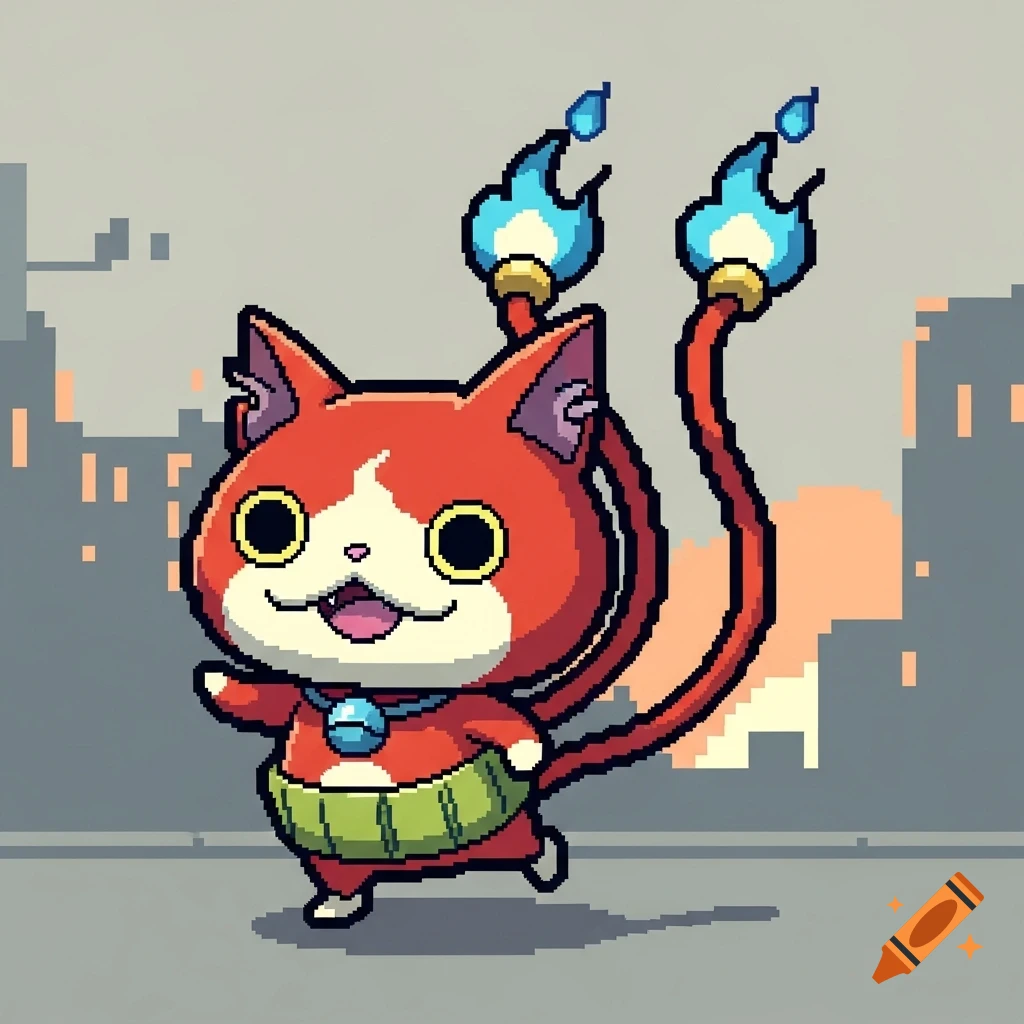Pixel art of Jibanyan, a cartoon red and white cat with two blue flaming tails, walking in a pixelated city.