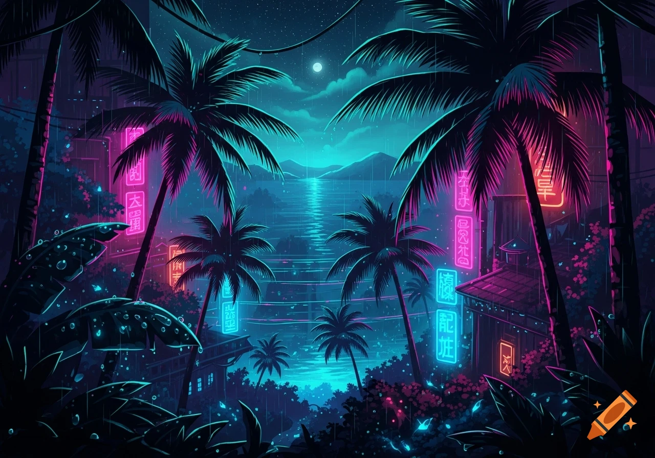 A vibrant neon synthwave night scene with palm trees, a moonlit ocean, and glowing buildings under a starry, rainy sky.