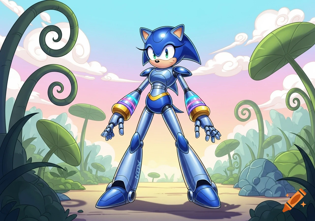 A blue female robot character with Sonic-like features stands in a whimsical alien landscape under a pastel sky, cartoon style.