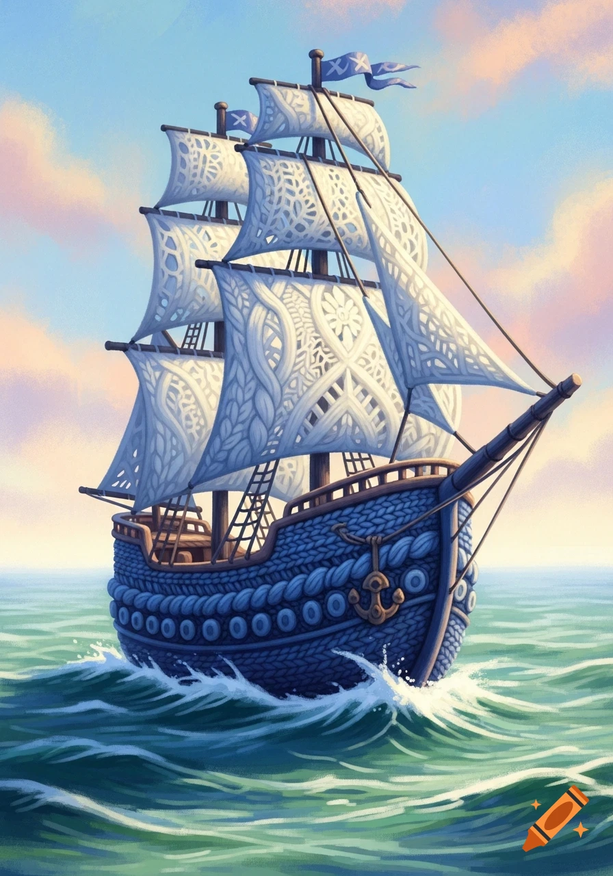 A whimsical blue knitted ship with patterned white knitted sails floats on wavy green and blue water under a colorful sky.