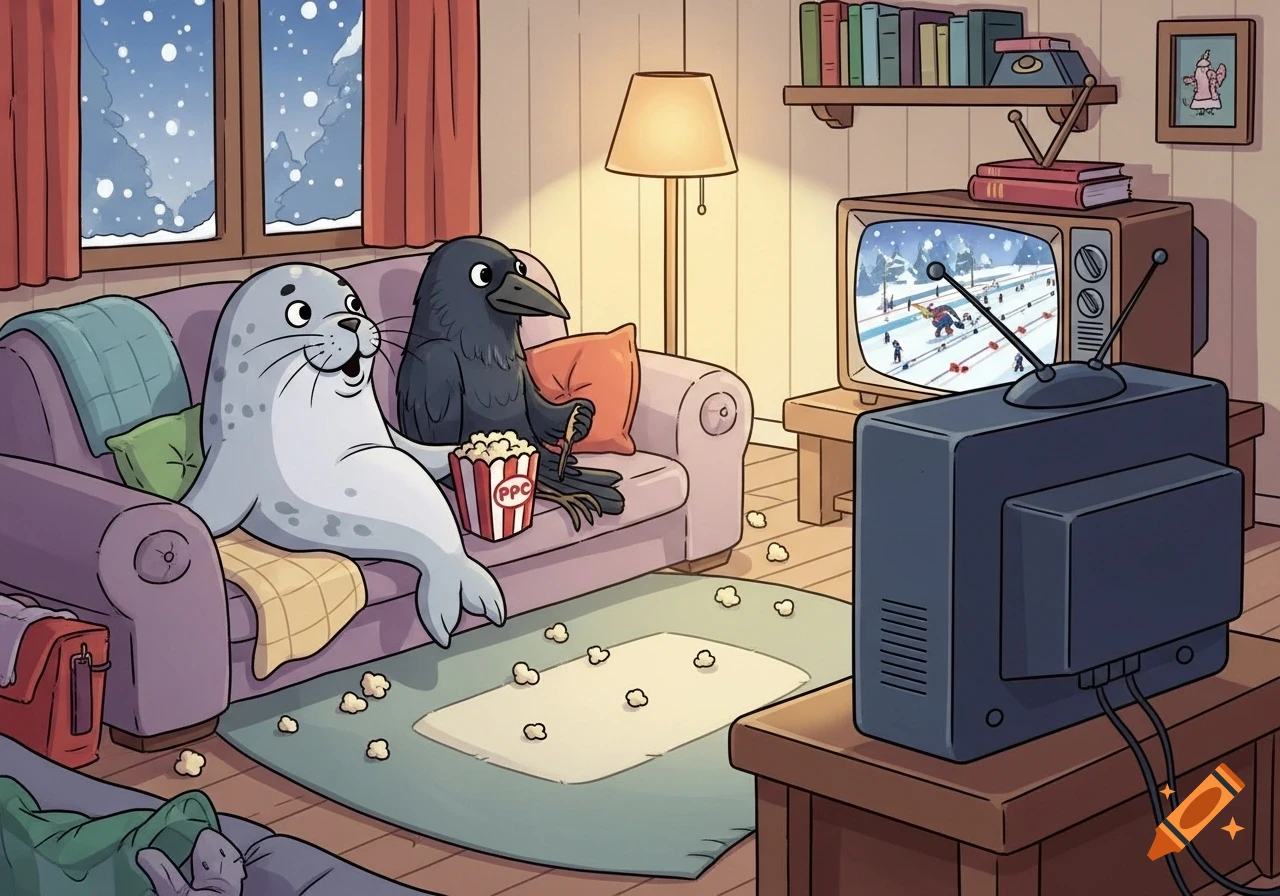 A cartoon seal and crow sit on a sofa in a living room, watching biathlon on a retro TV with popcorn, as snow falls outside.