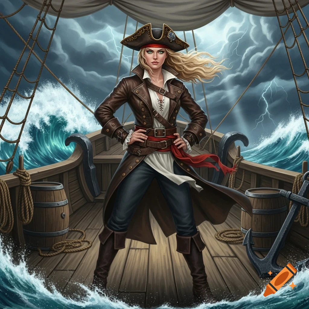 A brave female pirate with blonde hair and a tricorne hat stands on a ship deck during a stormy sea with lightning.