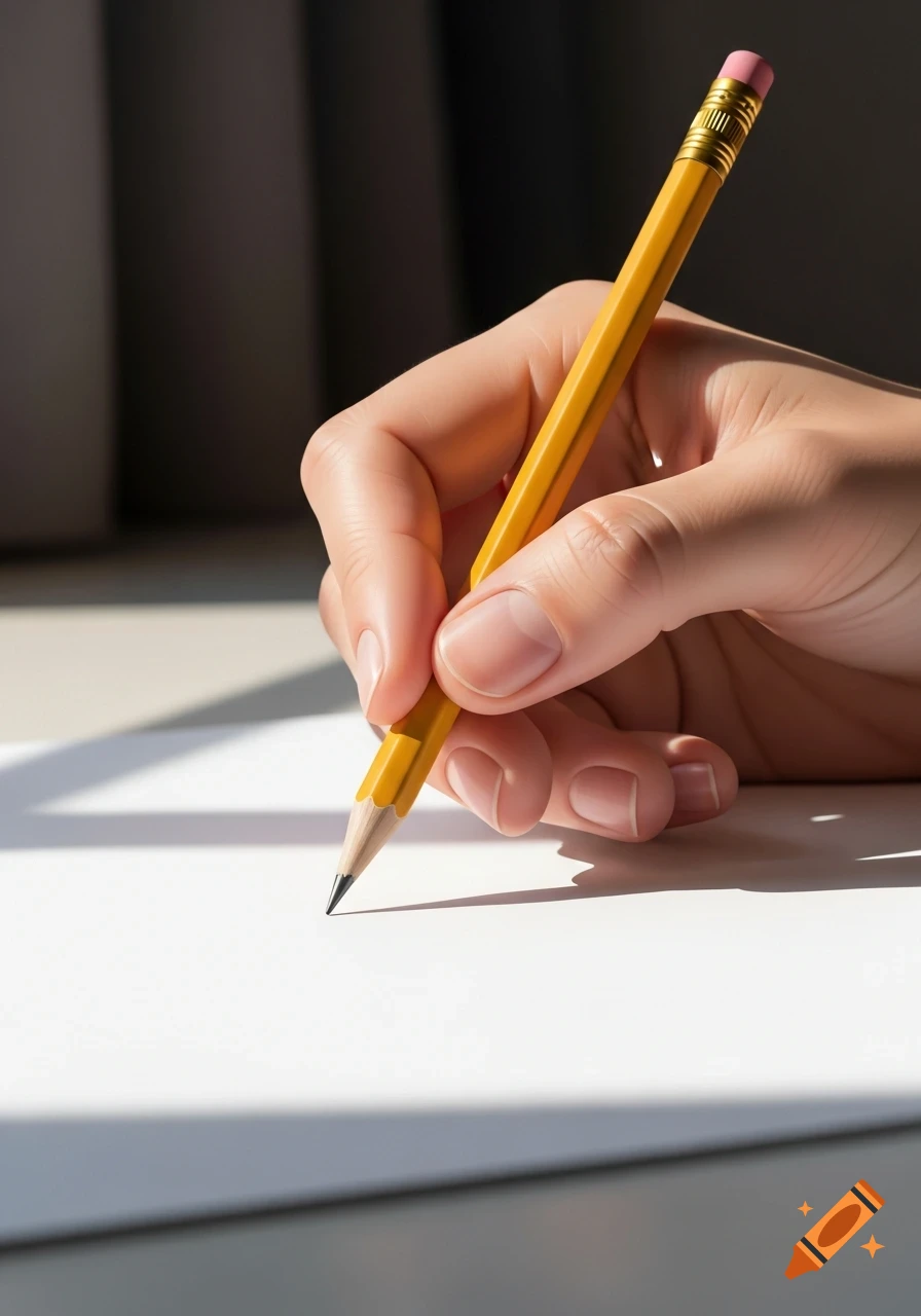 A close-up shot of a hand holding a yellow pencil over a white sheet of paper, ready to write or draw.