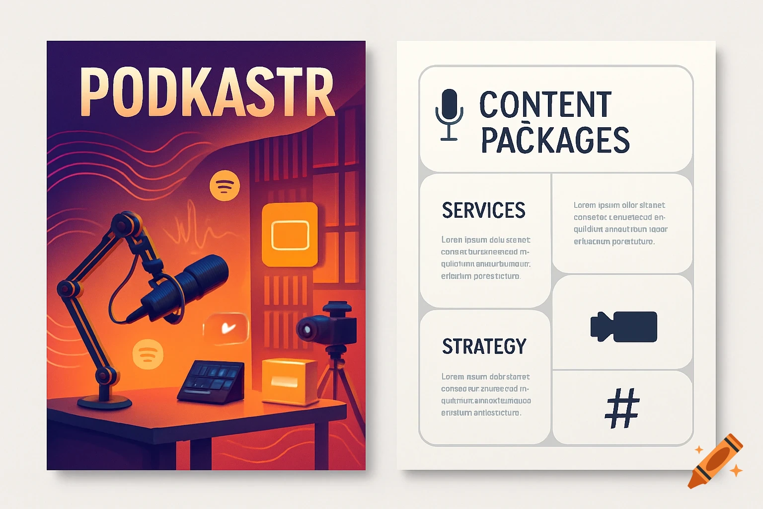 A two-panel design: a vibrant purple and orange podcast studio with a microphone and camera, and a white content package layout with headings for services and strategy.