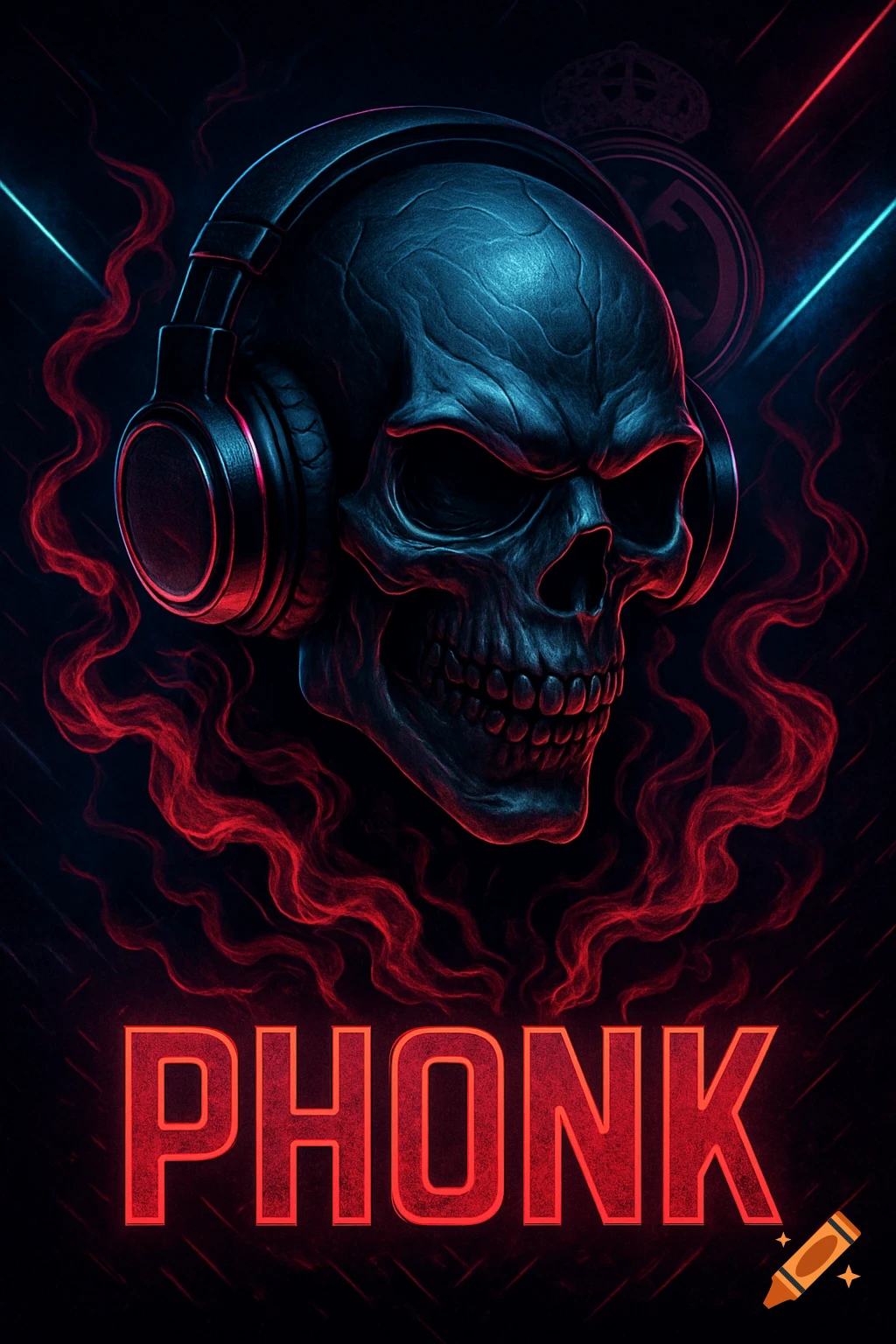 A dark, neon-lit skull wearing headphones, with red smoke swirling around, and the word 'PHONK' in glowing red text below.